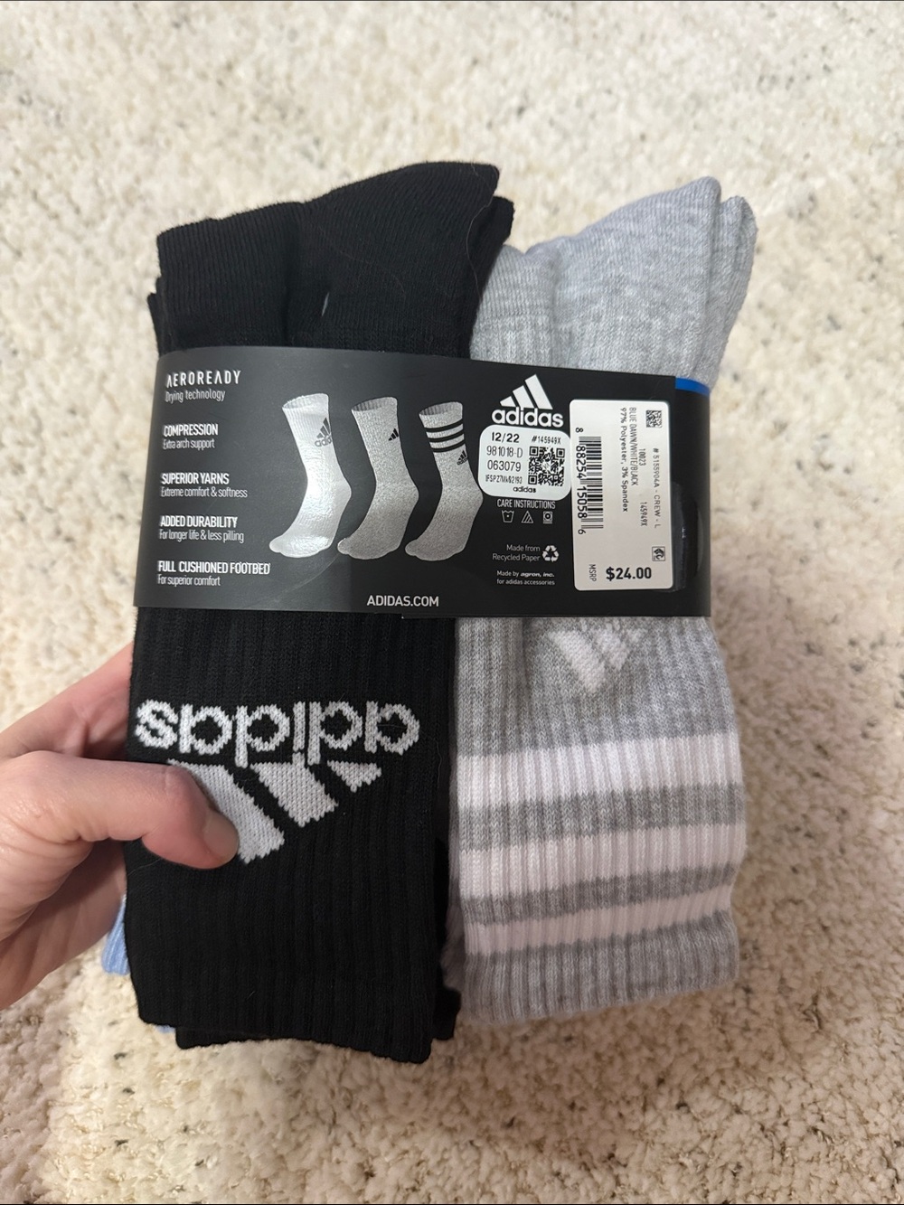 adidas Men’s Athletic Crew Socks - Black & Light Gray Stripe